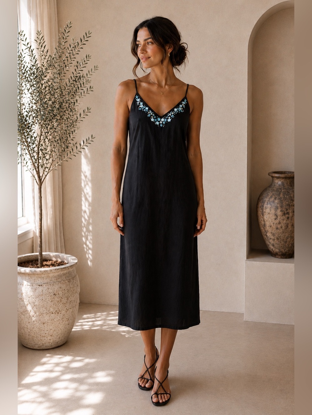Ann Taylor Black Beaded Floral Slip Dress Size 12 Midi Cocktail Party Dress